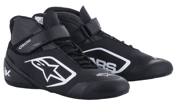Alpinestars Tech-1 K V2 Shoes, Men's Karting Shoes, Black and White, perforated nubuck microfiber with dual closure.