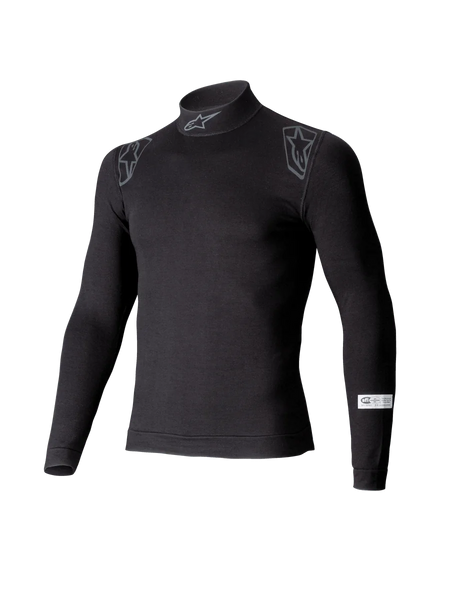 Alpinestars ZX Evo V3 Top, Long Sleeve Auto Racing Base Layer, Black, featuring mock neck with Alpinestars logo, shoulder graphics, and SFI certification tag on the sleeve, professional flame-resistant motorsport underwear