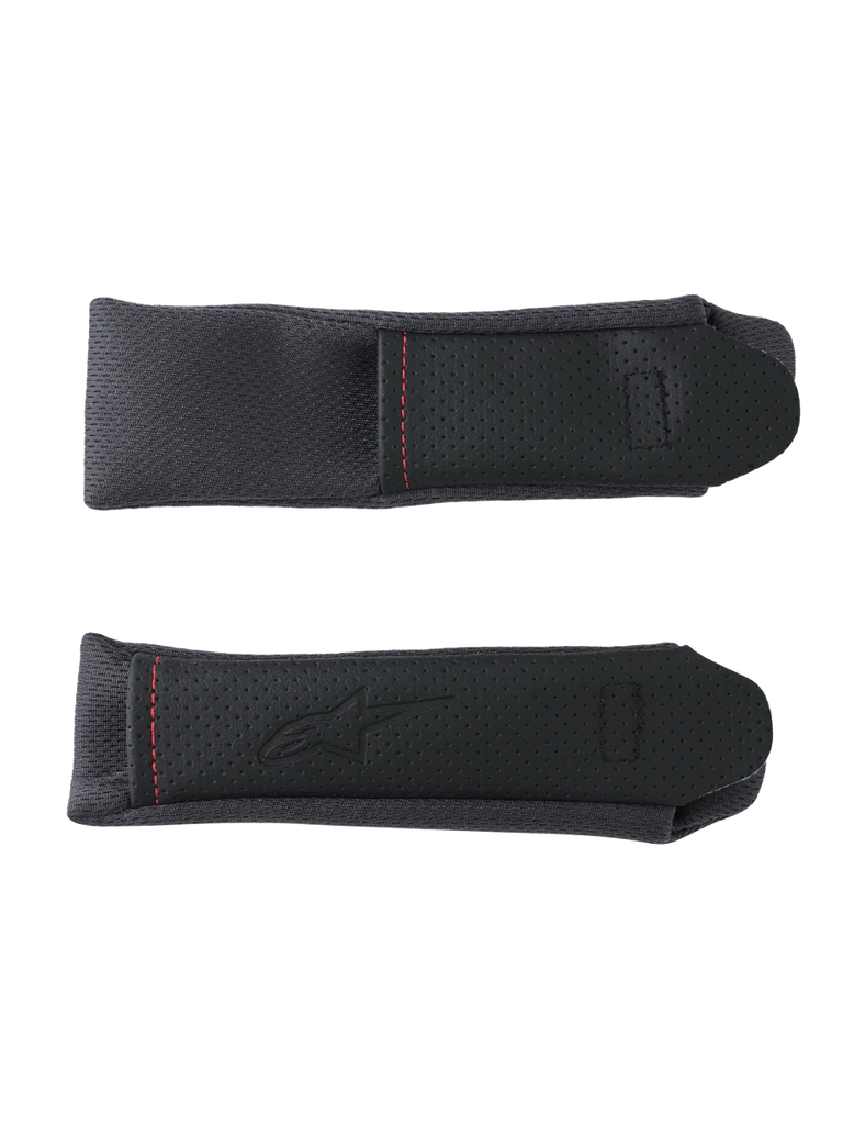 Alpinestars S-R7 Chin Strap Covers, motorcycle helmet replacement accessories, black and gray, featuring perforated panel detailing and red contrast stitching.
