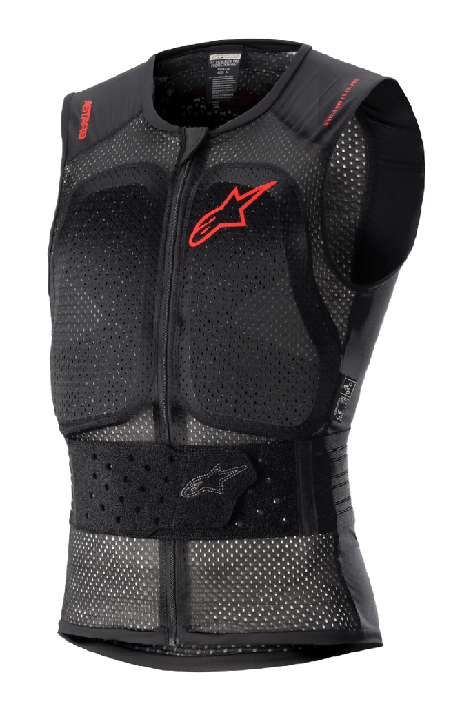 Alpinestars Nucleon Flex Pro Protection Vest, black sleeveless motorcycle body armor, perforated mesh chassis for airflow, red Alpinestars logo on chest and red text on shoulders, adjustable elasticated waist belt, front zipper, CE Level 2 certified back and chest protection