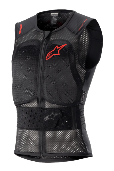 Alpinestars Nucleon Flex Pro Protection Vest, black sleeveless motorcycle body armor, perforated mesh chassis for airflow, red Alpinestars logo on chest and red text on shoulders, adjustable elasticated waist belt, front zipper, CE Level 2 certified back and chest protection
