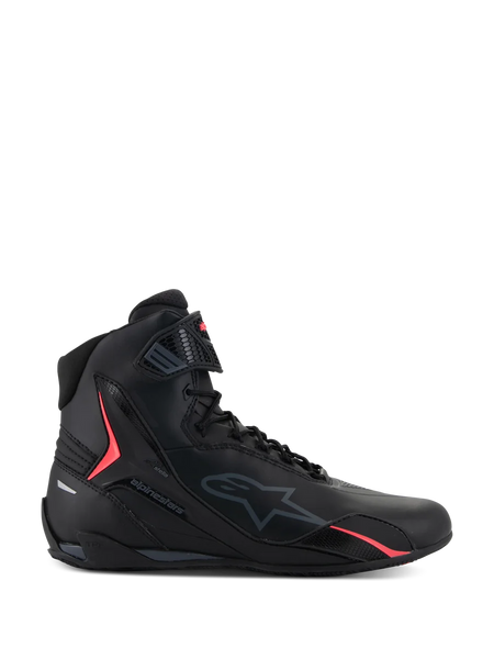 Alpinestars Stella Faster-4 Shoes, Women's Motorcycle Riding Shoes, Black with Diva Pink accents, side view, high-top design with laces and ankle strap, sporty urban protective footwear