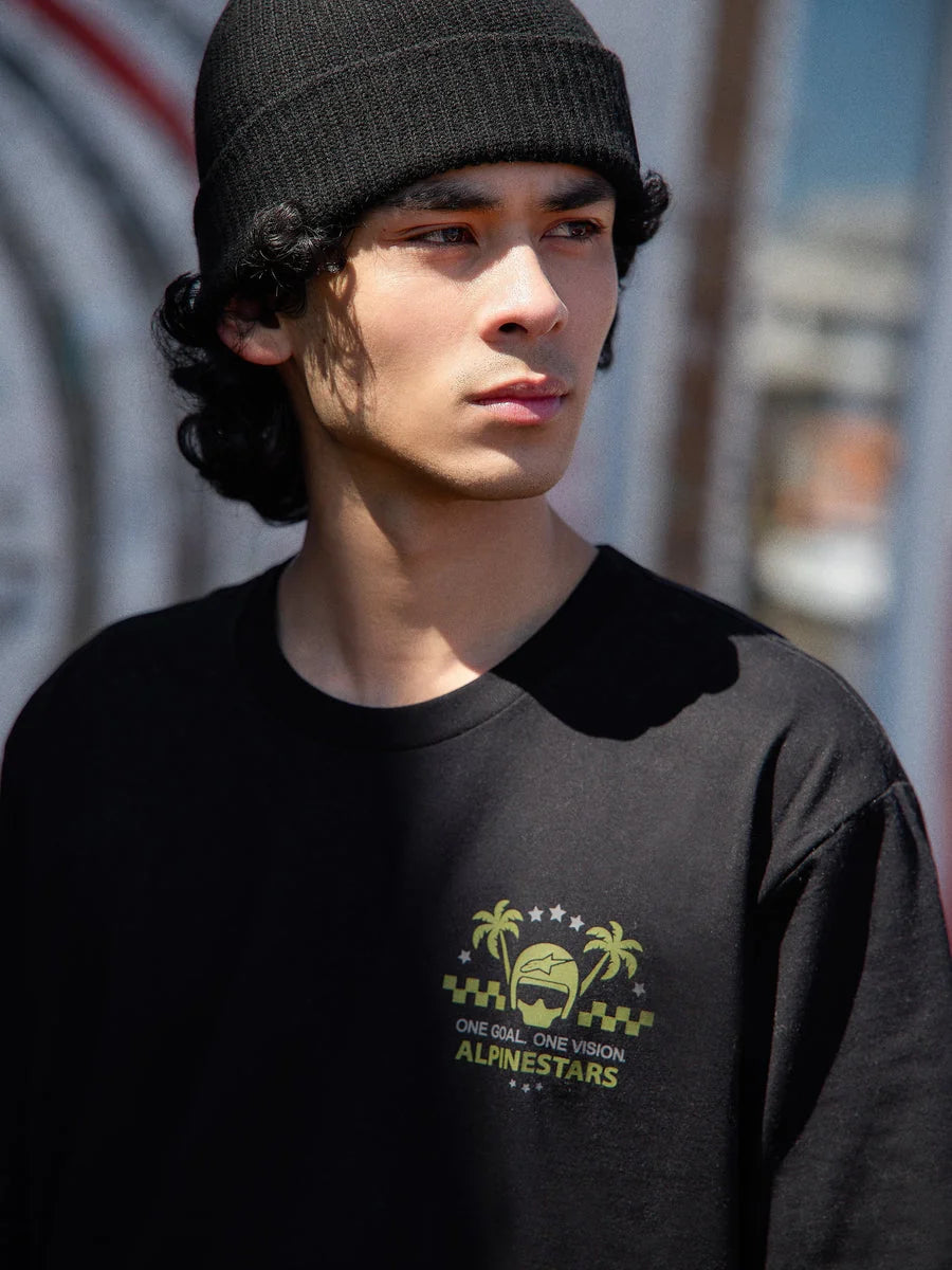 Alpinestars Order CSF Tee, Short Sleeve T-Shirt, Black, lime green helmet and palm tree logo with One Goal One Vision text, casual motorsport-inspired streetwear