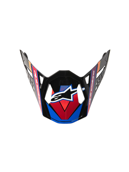 Supertech M10 Era Visor, Motocross Helmet Replacement Visor, Blue Red and Yellow Fluo, glossy black finish with angular graphics, central white star logo, and aerodynamic vent cutouts
