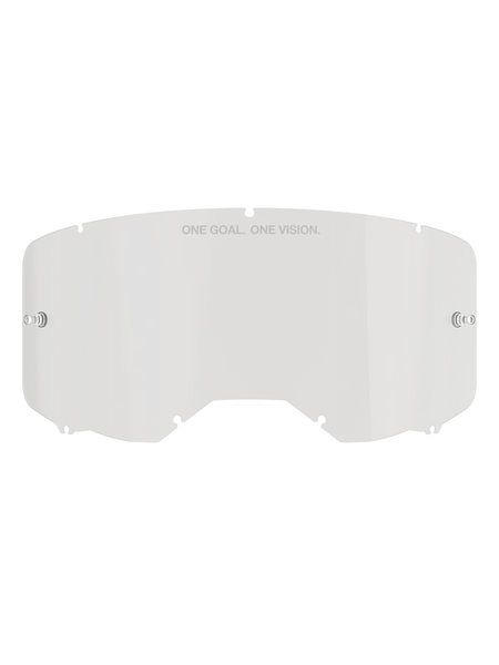 Alpinestars Vision 8-5-3 Lens, Clear replacement goggle lens, polycarbonate construction with integrated tear-off posts and seven-point locking system, featuring 'ONE GOAL. ONE VISION.' text, for motocross and off-road riding protection