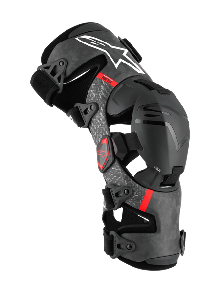 Alpinestars Supertech RK-10 Plasma Knee Brace, Motocross Protective Gear, Black with Forged Carbon Fiber Frame and Gray Accents, Red Branding, Hinged Support System with Adjustable Straps, Premium Off-Road Protection