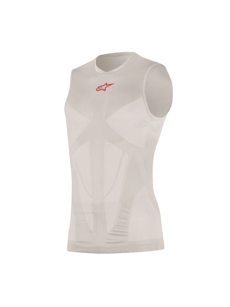 Alpinestars Tech Tank Summer, Sleeveless Base Layer, Silver Red, featuring a small red logo on the chest, body-mapped mesh ventilation panels, seamless tubular construction, ultra-lightweight technical knit