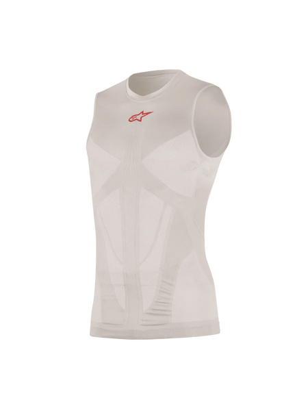 Alpinestars Tech Tank Summer, Sleeveless Base Layer, Silver Red, featuring a small red logo on the chest, body-mapped mesh ventilation panels, seamless tubular construction, ultra-lightweight technical knit