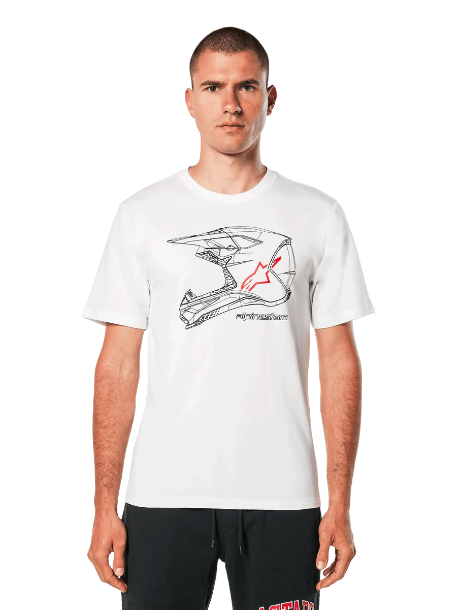 Alpinestars MX Helmet CSF Tee, White Short Sleeve T-Shirt, black wireframe motocross helmet graphic with red star logo, casual motorsport-inspired streetwear, worn by a model