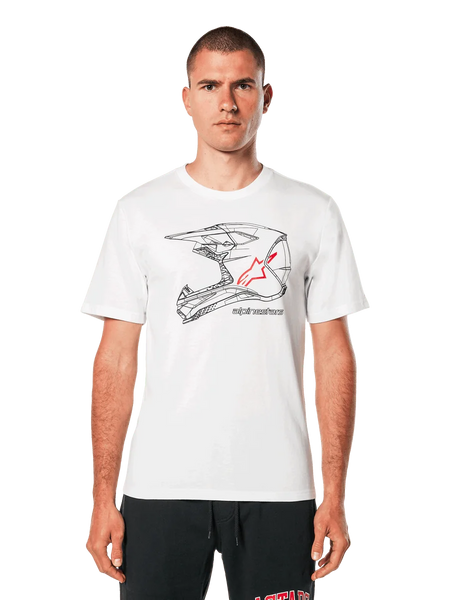 Alpinestars MX Helmet CSF Tee, White Short Sleeve T-Shirt, black wireframe motocross helmet graphic with red star logo, casual motorsport-inspired streetwear, worn by a model