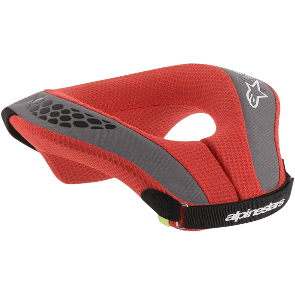 Alpinestars Youth Sequence Neck Roll, Motocross Neck Brace, Red and Gray, featuring red mesh padding with gray accents and a black strap, white branding and logo details, ergonomic protection for young riders