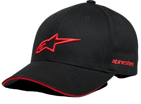 Alpinestars Rostrum Hat, Black Baseball Cap with Red 3D Star Logo, Curved Brim with Red Sandwich Bill Detail, Embroidered Alpinestars Side Branding, Casual Motorsport Headwear
