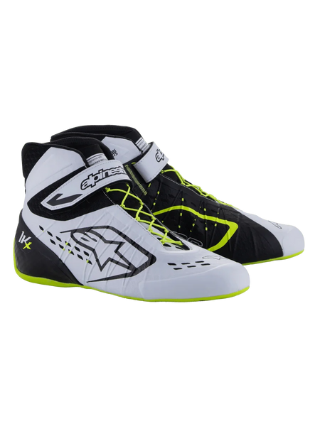Alpinestars Tech-1 KX V3 Shoes - FIA, Karting Shoes, Black White and Yellow Fluo, high-performance racing footwear with asymmetric lacing, velcro ankle strap, neon yellow accents on the laces and sole, and breathable laser-cut panels