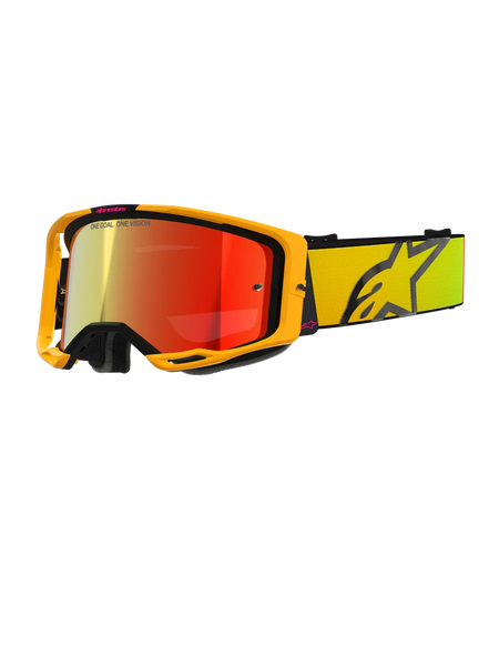Alpinestars Vision 8 Corp Goggles, Yellow and Pink Motocross Goggles, Red Mirror Reflective Lens, Wide yellow strap with large black star logo, 'ONE GOAL. ONE VISION.' branding, professional off-road racing eyewear
