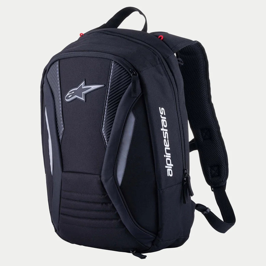 Alpinestars Charger Boost Backpack, Motorcycle Backpack, Black, aerodynamic semi-rigid shell featuring a front Astar logo and white vertical branding, carbon-fiber textured panels and reflective accents, streamlined design for performance road riding