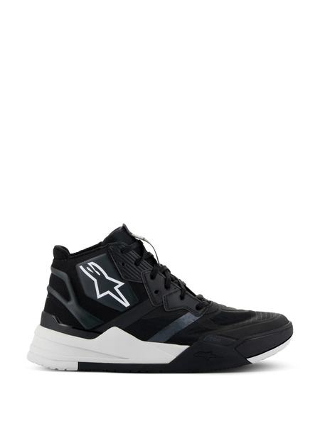 Alpinestars Speedflight Shoes, high-top motorcycle riding shoes, Black and White, featuring a ripstop upper with seamless reinforcements, white star logo on the side, dual-density sole with thick white midsole and black accents, modern sneaker-inspired design for urban motorcycling
