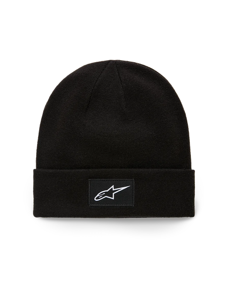 Alpinestars Augment Cuff Beanie, Knit Jersey Stitch Beanie, Black, featuring a woven patch with white Astars logo on the front cuff, casual motorsport streetwear