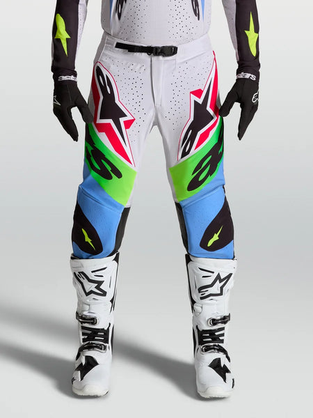 Alpinestars Supertech Dyna Pants, Motocross Racing Gear for Men, Light Lilac and Green Fluo, performance stretch stretch-ripstop fabric.