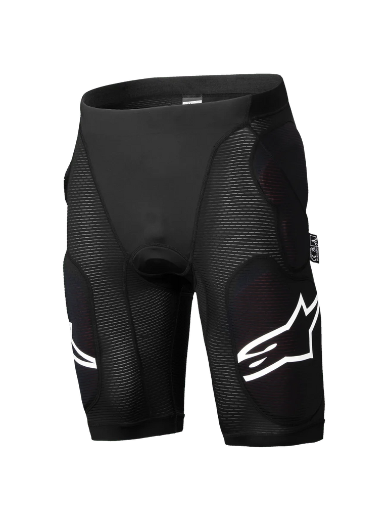 Alpinestars A-Impact Plasma Protection Shorts, Mountain Bike Protection Shorts, Black, integrated hip and thigh impact padding, textured ribbed panels, white logo accents, form-fitting breathable stretch material
