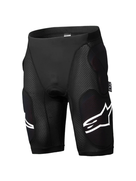 Alpinestars A-Impact Plasma Protection Shorts, Mountain Bike Protection Shorts, Black, integrated hip and thigh impact padding, textured ribbed panels, white logo accents, form-fitting breathable stretch material
