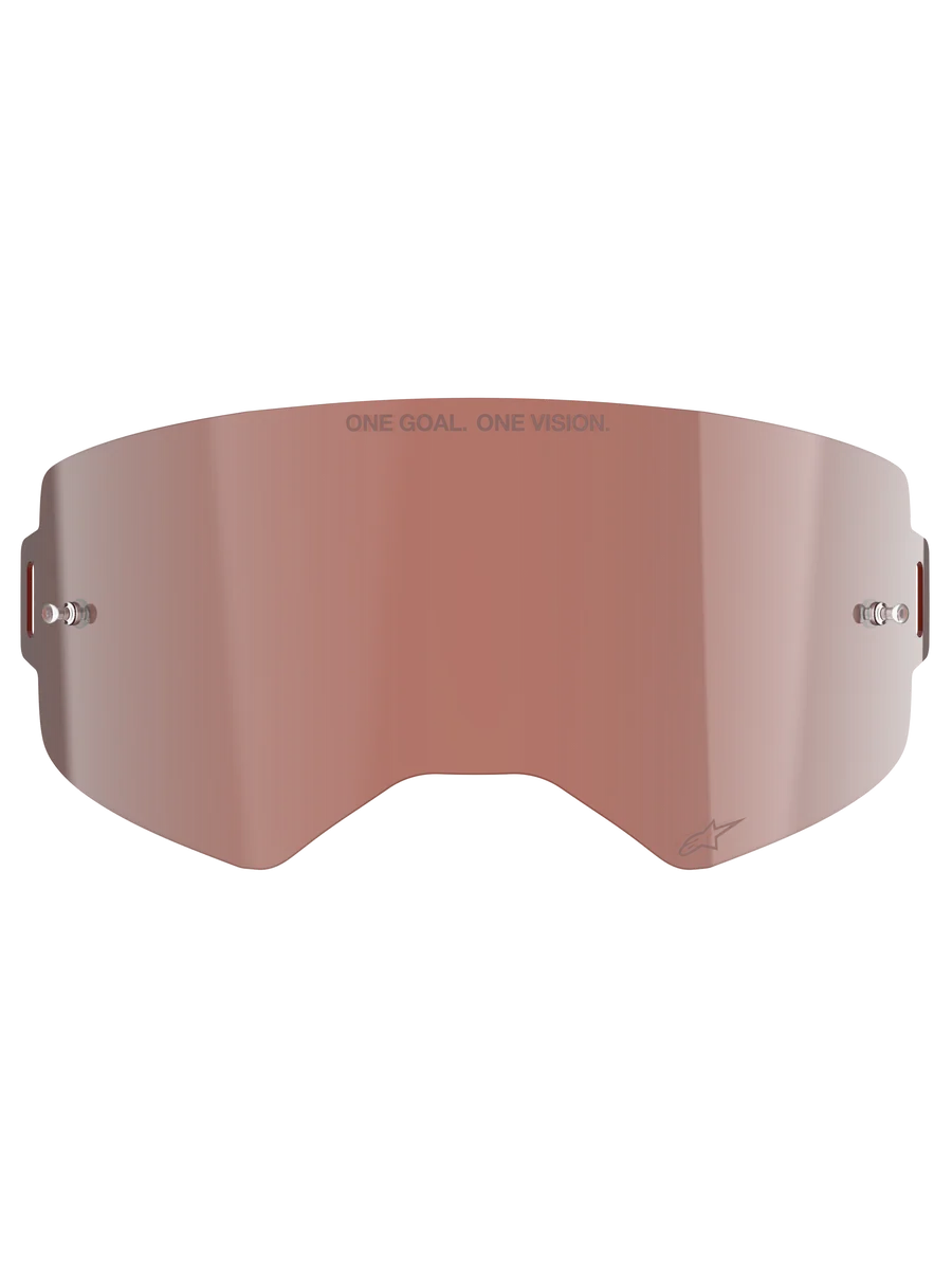 Alpinestars Supertech Mirror Lens, Motocross Goggle Replacement, Mirror Silver with reddish-brown Absolute Vision™ tint, reflective surface with integrated tear-off posts, 'ONE GOAL. ONE VISION.' engraving and Alpinestars logo