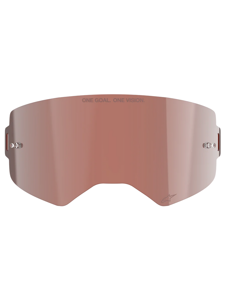 Alpinestars Supertech Mirror Lens, Motocross Goggle Replacement, Mirror Silver with reddish-brown Absolute Vision™ tint, reflective surface with integrated tear-off posts, 'ONE GOAL. ONE VISION.' engraving and Alpinestars logo