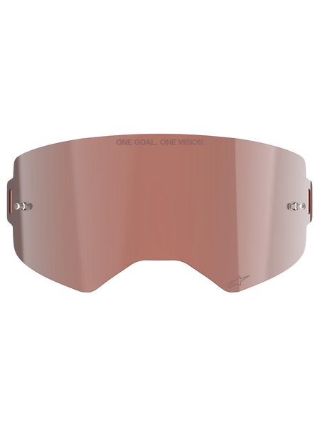 Alpinestars Supertech Mirror Lens, Motocross Goggle Replacement, Mirror Silver with reddish-brown Absolute Vision™ tint, reflective surface with integrated tear-off posts, 'ONE GOAL. ONE VISION.' engraving and Alpinestars logo