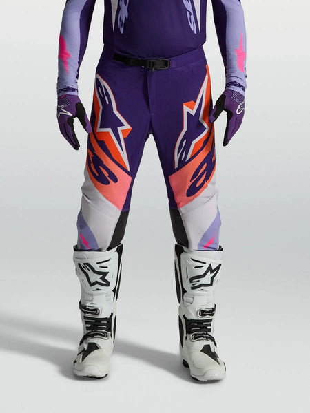 Alpinestars Supertech Dyna Pants, men's purple and pink fluo motocross pants with an athletic fit and stretch ripstop.