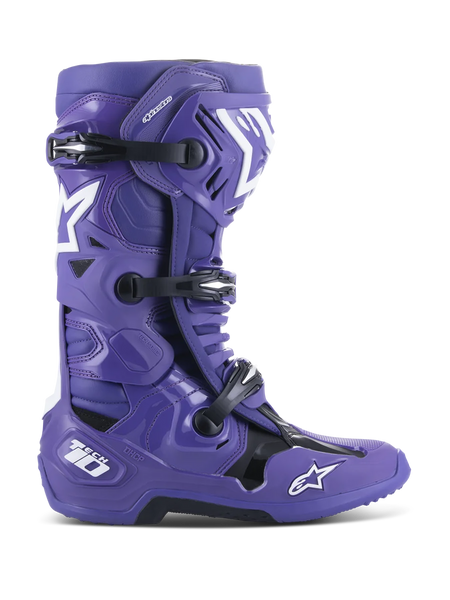 Alpinestars Tech 10 Boots, Motocross Off-Road Boots, Ultraviolet Purple with Black and White accents, featuring triple buckle closure, white star logos, Tech 10 branding on the heel, rugged sole, high-performance protective footwear