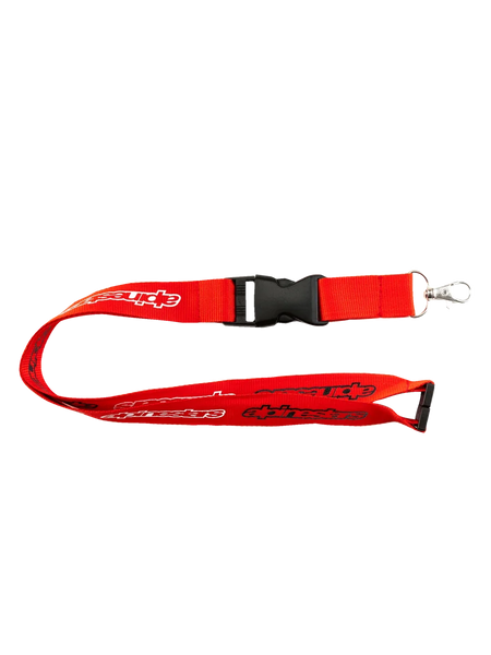 Alpinestars Core Lanyard, Red sportswear lanyard, 100% polyester with printed white branding logos, black plastic breakaway safety clip, and a detachable metal swivel clip