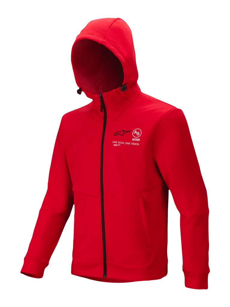 Alpinestars Racer MX Fleece, Bright Red Motocross Hoodie, full-length black zipper, adjustable hood, white Astars and One Goal One Vision branding on chest, zippered hand pockets, motorsport casual outerwear