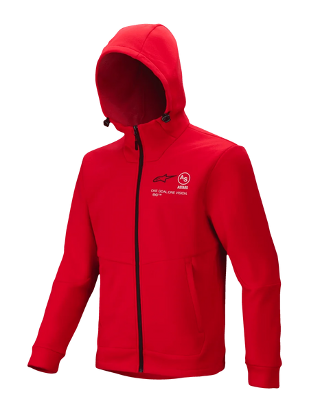 Alpinestars Racer MX Fleece, Bright Red Motocross Hoodie, full-length black zipper, adjustable hood, white Astars and One Goal One Vision branding on chest, zippered hand pockets, motorsport casual outerwear