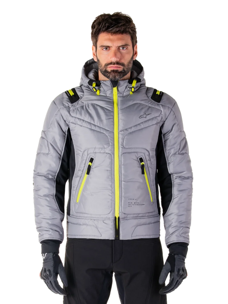 Alpinestars Mohobbs Waterproof Jacket, Urban Motorcycle Jacket, Lunar Gray with Lime Punch accents, quilted bomber design with hood, bright yellow zippers and black side panels, streetwear-inspired protective riding gear