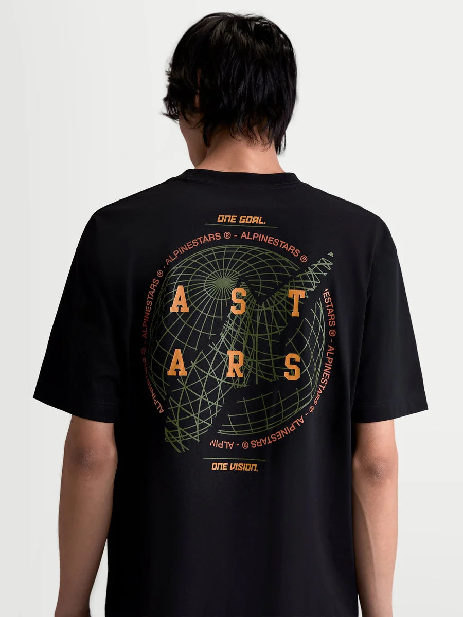 Alpinestars Latitude Oversized CSF Tee, Men's Sportswear T-shirt, Black, featuring a large green globe and orange ASTARS wordmark back graphic with 'One Goal. One Vision.' slogan, relaxed oversized fit, short sleeve cotton-poly blend for casual everyday comfort.