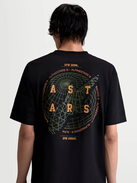 Alpinestars Latitude Oversized CSF Tee, Men's Sportswear T-shirt, Black, featuring a large green globe and orange ASTARS wordmark back graphic with 'One Goal. One Vision.' slogan, relaxed oversized fit, short sleeve cotton-poly blend for casual everyday comfort.