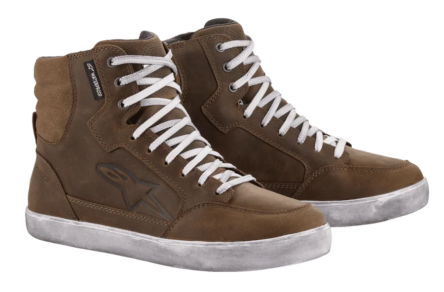Alpinestars Women's J-6 Waterproof Shoes, brown leather motorcycle sneakers with white laces for urban riding.