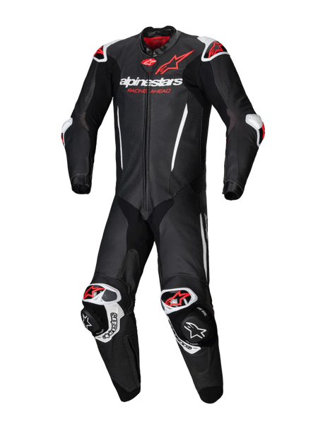 Alpinestars GP-R7 Leather Suit - 1 Piece, men's black and red fluo racing gear, 1.3mm bovine leather, Tech-Air ready.