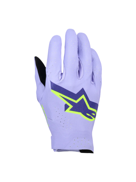 Alpinestars Supertech MX Gloves, Motocross Racing Gloves, Lavender Violet and Fluo Yellow, featuring a large navy and neon yellow star logo, laser-perforated backhand for breathability, lightweight single-layer stretch design for off-road racing.