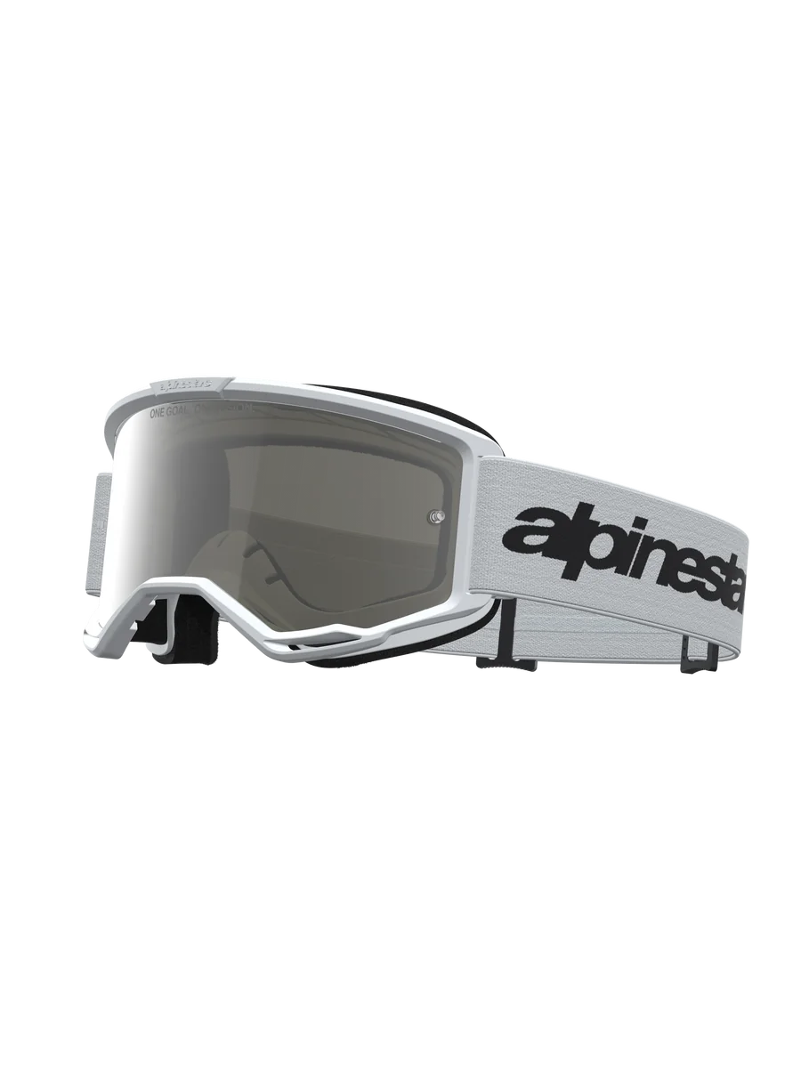 Alpinestars Vision 3 Wordmark Mirror Goggles, white motocross goggles with mirror silver anti-fog lens and black wordmark strap.