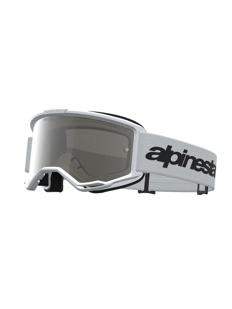 Alpinestars Vision 3 Wordmark Mirror Goggles, white motocross goggles with mirror silver anti-fog lens and black wordmark strap.