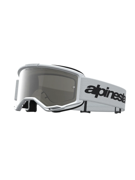 Alpinestars Vision 3 Wordmark Mirror Goggles, white motocross goggles with mirror silver anti-fog lens and black wordmark strap.