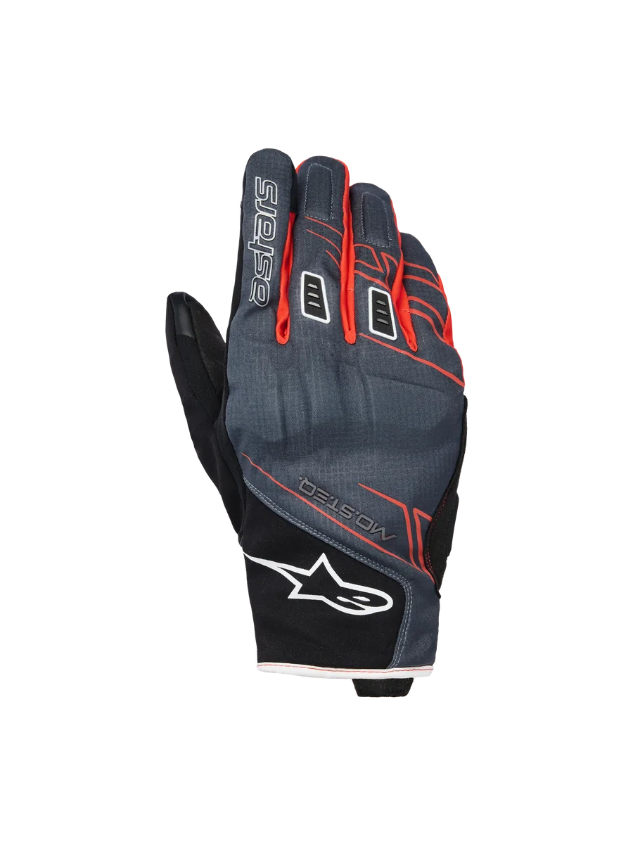 Alpinestars Moblast Waterproof Gloves, Motorcycle Gloves, Anthracite and Black with Orange accents, short-cuff design with red-orange linear graphics, white Alpinestars star logo on the cuff and 'astars' branding on the finger, technical textile backhand for all-weather protection