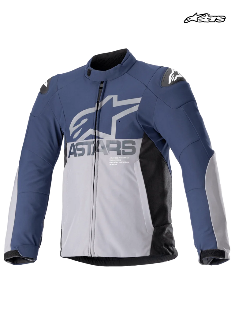 Alpinestars SMX Waterproof Jacket, men's motorcycle racing and sport textile jacket in night navy and dark gray, front view showing waterproof construction and shoulder armor shields