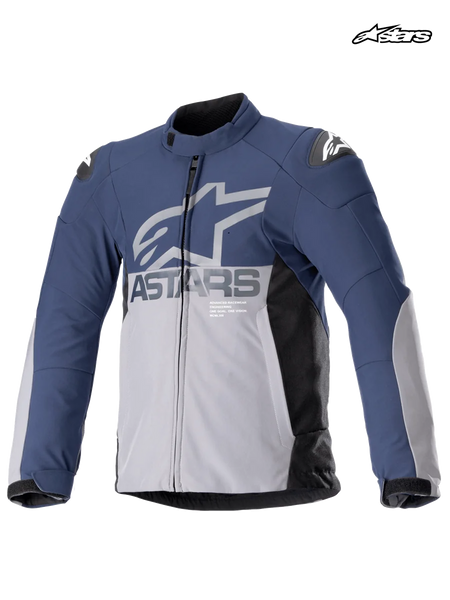 Alpinestars SMX Waterproof Jacket, men's motorcycle racing and sport textile jacket in night navy and dark gray, front view showing waterproof construction and shoulder armor shields