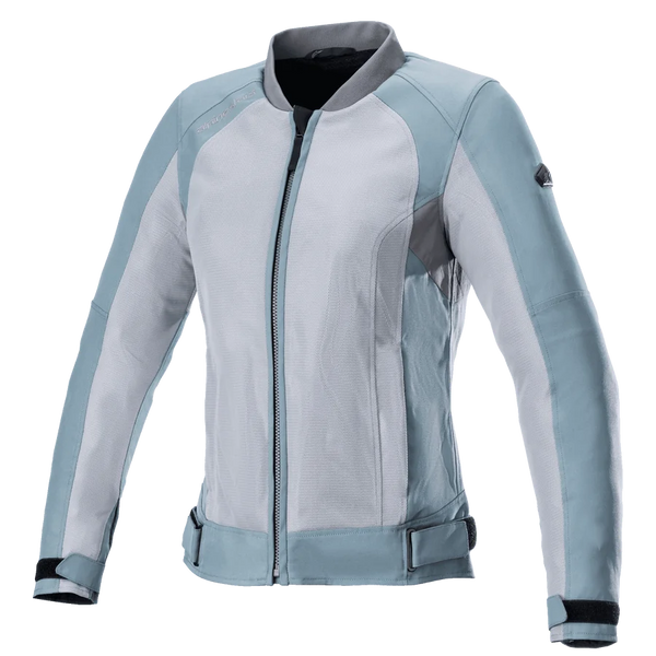 Alpinestars Eloise V2 Women's Air Jacket, Motorcycle Jacket, Sage and Dark Gray, bomber-style design with extensive mesh panels, adjustable waist and cuff straps, high collar, front zipper, breathable construction for warm-weather riding