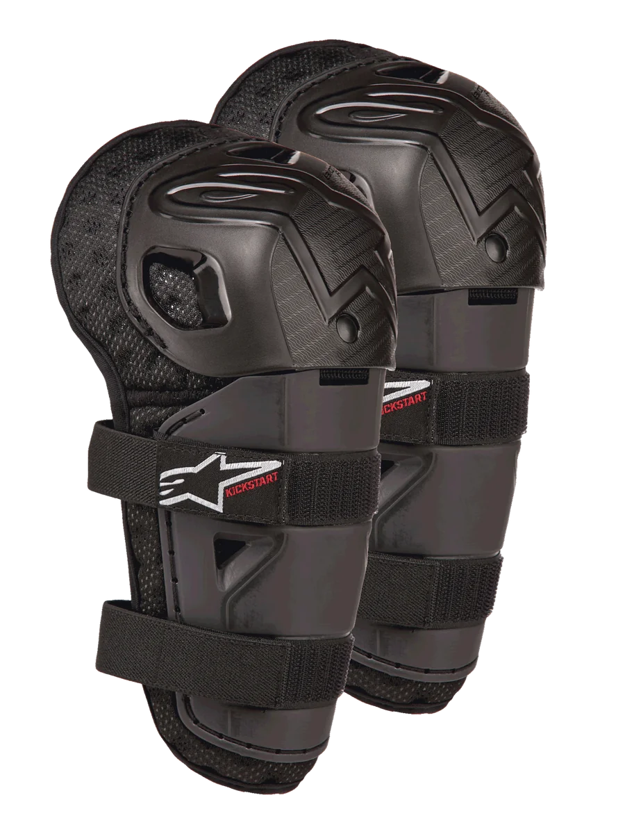 Alpinestars Bionic Action Kickstart Knee Guards, Youth Motocross Knee and Shin Protectors, Black with Red KICKSTART logo, articulated plastic shell and double elasticated straps, protective gear for young off-road riders