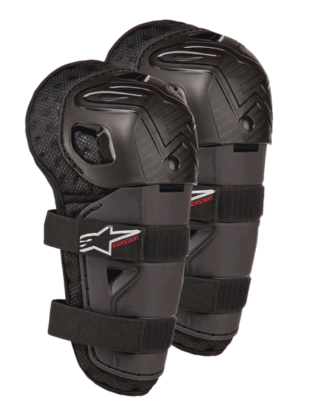 Alpinestars Bionic Action Kickstart Knee Guards, Youth Motocross Knee and Shin Protectors, Black with Red KICKSTART logo, articulated plastic shell and double elasticated straps, protective gear for young off-road riders