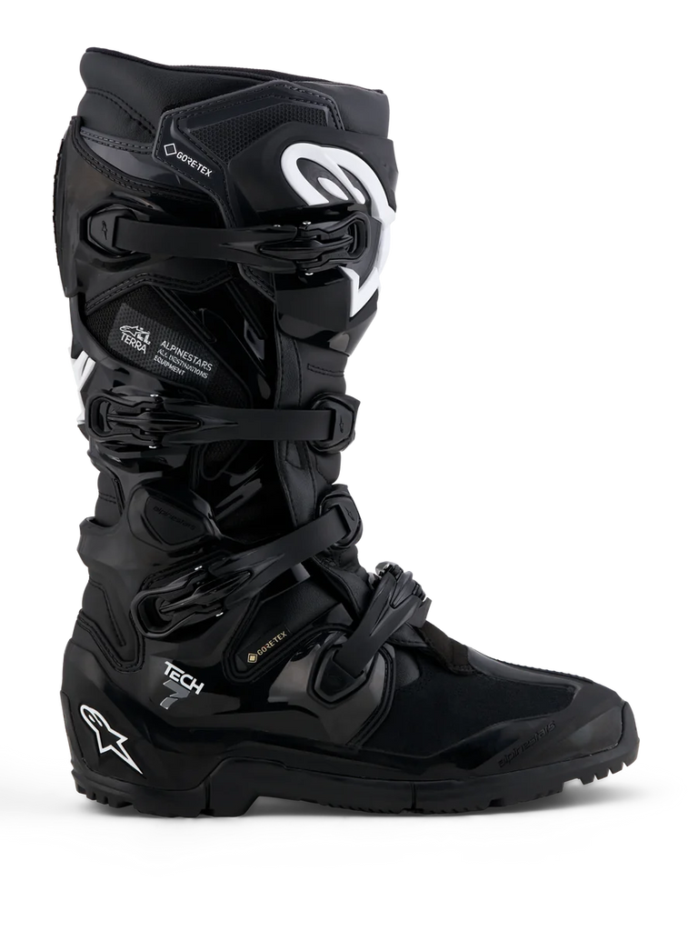 Alpinestars Tech 7 Enduro Gore-Tex Boots, waterproof off-road motorcycle boots, black with white details and TPU protection.