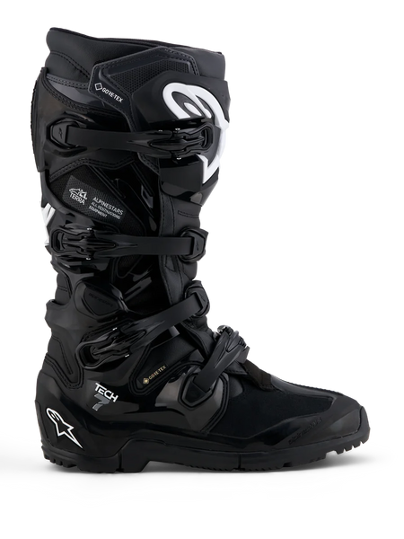 Alpinestars Tech 7 Enduro Gore-Tex Boots, waterproof off-road motorcycle boots, black with white details and TPU protection.