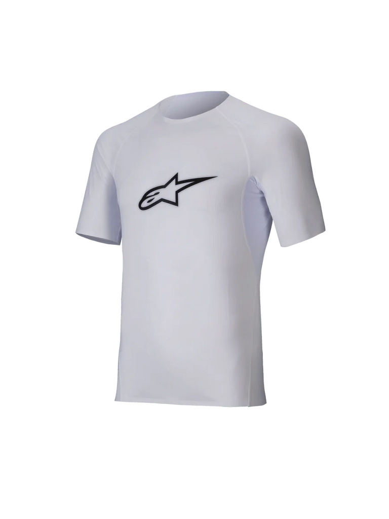 Alpinestars Tech KX Sim Top, Short Sleeve Karting Base Layer, White, black Astar logo on the chest, lightweight stretch mesh with ergonomic cuts, technical performance gear